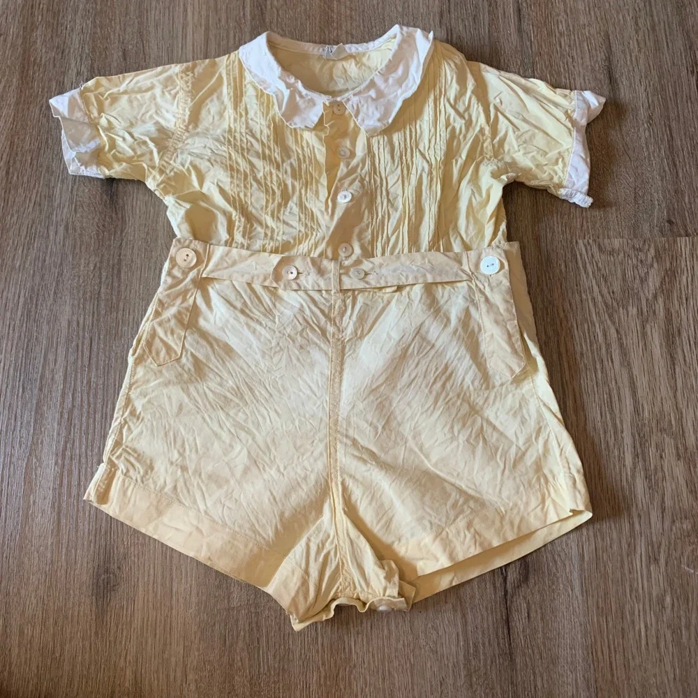 Vintage 1940s A-Lad-'N Togs linen two piece outfit, smock collar - 12-18 months
